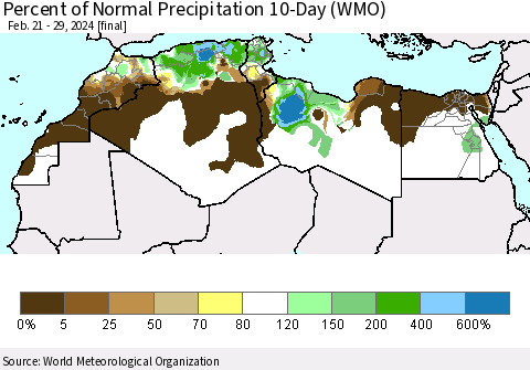 North Africa Percent of Normal Precipitation 10-Day (WMO) Thematic Map For 2/21/2024 - 2/29/2024