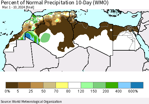 North Africa Percent of Normal Precipitation 10-Day (WMO) Thematic Map For 3/1/2024 - 3/10/2024