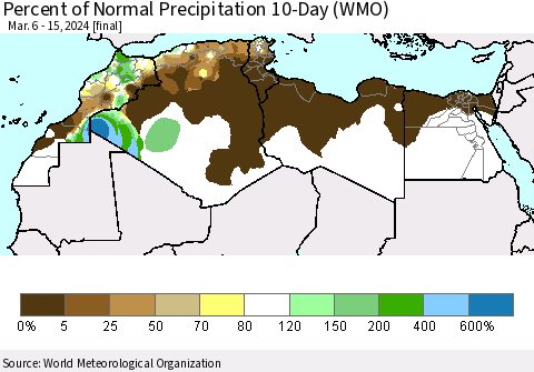 North Africa Percent of Normal Precipitation 10-Day (WMO) Thematic Map For 3/6/2024 - 3/15/2024