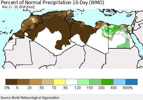 North Africa Percent of Normal Precipitation 10-Day (WMO) Thematic Map For 3/11/2024 - 3/20/2024