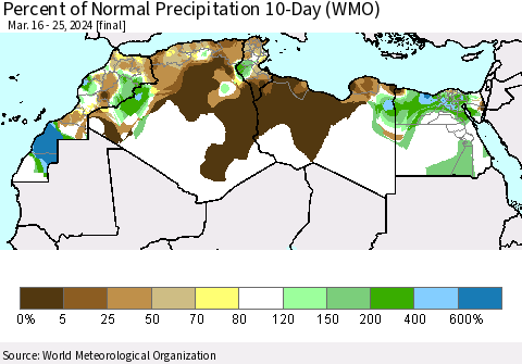 North Africa Percent of Normal Precipitation 10-Day (WMO) Thematic Map For 3/16/2024 - 3/25/2024