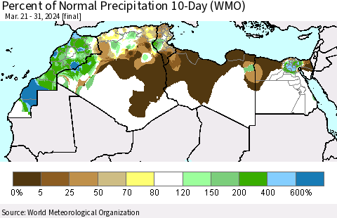 North Africa Percent of Normal Precipitation 10-Day (WMO) Thematic Map For 3/21/2024 - 3/31/2024