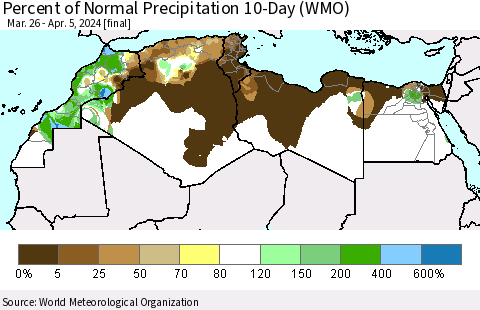 North Africa Percent of Normal Precipitation 10-Day (WMO) Thematic Map For 3/26/2024 - 4/5/2024