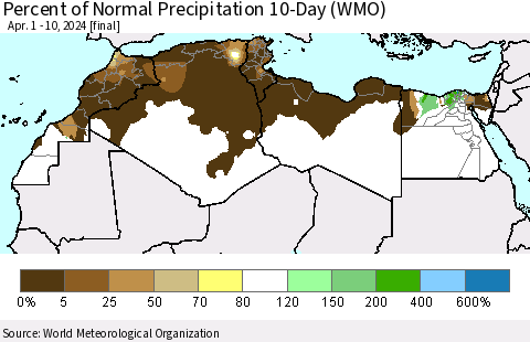 North Africa Percent of Normal Precipitation 10-Day (WMO) Thematic Map For 4/1/2024 - 4/10/2024