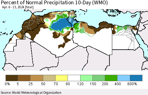 North Africa Percent of Normal Precipitation 10-Day (WMO) Thematic Map For 4/6/2024 - 4/15/2024
