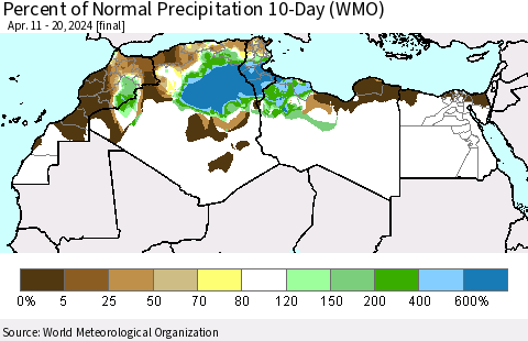 North Africa Percent of Normal Precipitation 10-Day (WMO) Thematic Map For 4/11/2024 - 4/20/2024