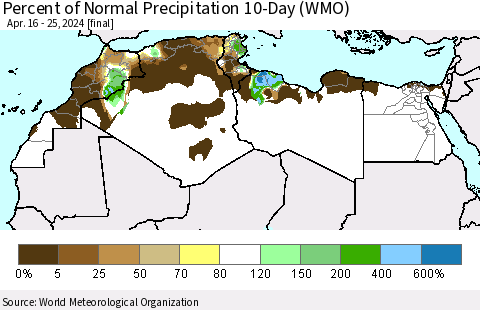 North Africa Percent of Normal Precipitation 10-Day (WMO) Thematic Map For 4/16/2024 - 4/25/2024