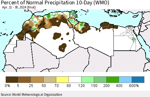 North Africa Percent of Normal Precipitation 10-Day (WMO) Thematic Map For 4/21/2024 - 4/30/2024