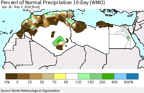 North Africa Percent of Normal Precipitation 10-Day (WMO) Thematic Map For 4/26/2024 - 5/5/2024