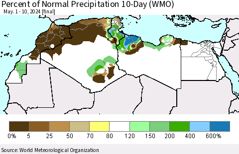 North Africa Percent of Normal Precipitation 10-Day (WMO) Thematic Map For 5/1/2024 - 5/10/2024