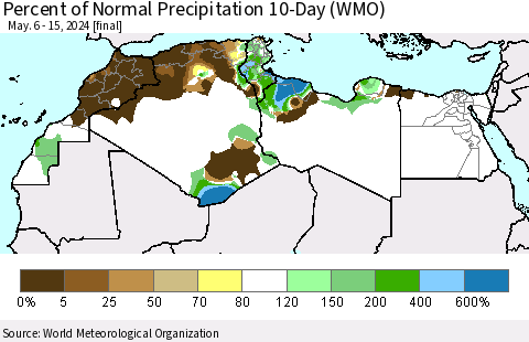 North Africa Percent of Normal Precipitation 10-Day (WMO) Thematic Map For 5/6/2024 - 5/15/2024