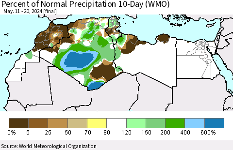North Africa Percent of Normal Precipitation 10-Day (WMO) Thematic Map For 5/11/2024 - 5/20/2024