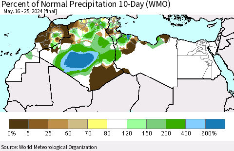 North Africa Percent of Normal Precipitation 10-Day (WMO) Thematic Map For 5/16/2024 - 5/25/2024