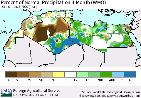 North Africa Percent of Normal Precipitation 3-Month (WMO) Thematic Map For 10/6/2019 - 1/5/2020
