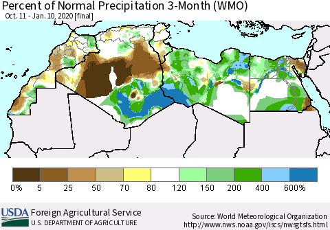North Africa Percent of Normal Precipitation 3-Month (WMO) Thematic Map For 10/11/2019 - 1/10/2020