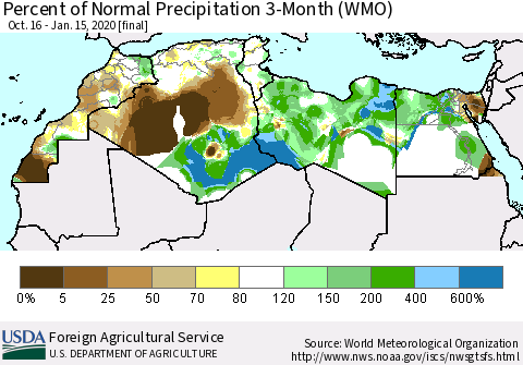North Africa Percent of Normal Precipitation 3-Month (WMO) Thematic Map For 10/16/2019 - 1/15/2020