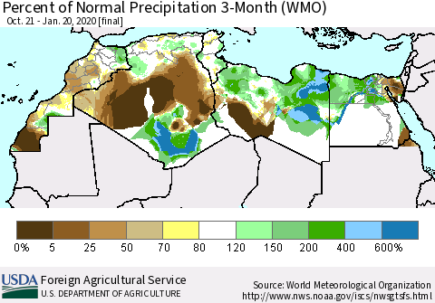 North Africa Percent of Normal Precipitation 3-Month (WMO) Thematic Map For 10/21/2019 - 1/20/2020