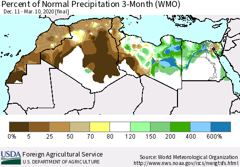 North Africa Percent of Normal Precipitation 3-Month (WMO) Thematic Map For 12/11/2019 - 3/10/2020