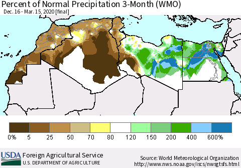 North Africa Percent of Normal Precipitation 3-Month (WMO) Thematic Map For 12/16/2019 - 3/15/2020