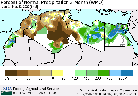 North Africa Percent of Normal Precipitation 3-Month (WMO) Thematic Map For 1/1/2020 - 3/31/2020