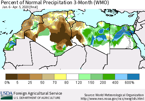 North Africa Percent of Normal Precipitation 3-Month (WMO) Thematic Map For 1/6/2020 - 4/5/2020