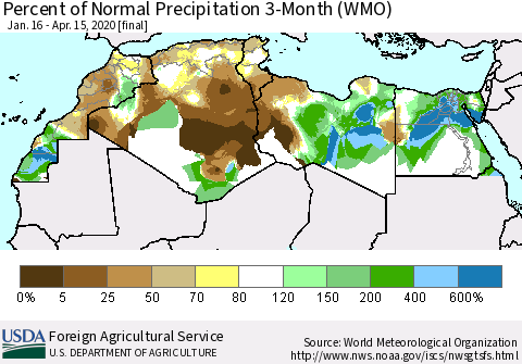 North Africa Percent of Normal Precipitation 3-Month (WMO) Thematic Map For 1/16/2020 - 4/15/2020