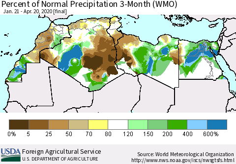 North Africa Percent of Normal Precipitation 3-Month (WMO) Thematic Map For 1/21/2020 - 4/20/2020