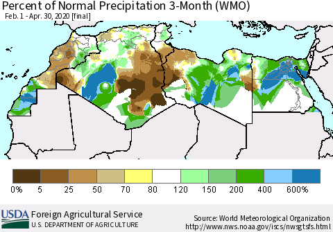 North Africa Percent of Normal Precipitation 3-Month (WMO) Thematic Map For 2/1/2020 - 4/30/2020
