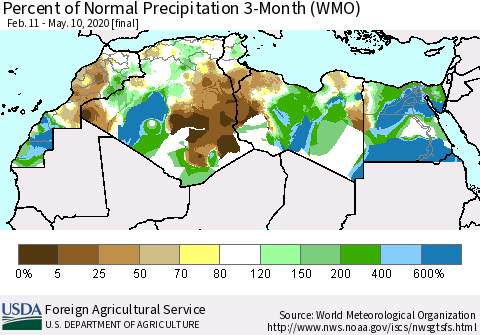 North Africa Percent of Normal Precipitation 3-Month (WMO) Thematic Map For 2/11/2020 - 5/10/2020
