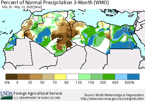 North Africa Percent of Normal Precipitation 3-Month (WMO) Thematic Map For 2/16/2020 - 5/15/2020