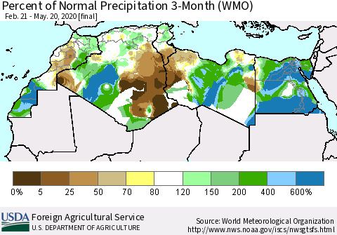 North Africa Percent of Normal Precipitation 3-Month (WMO) Thematic Map For 2/21/2020 - 5/20/2020