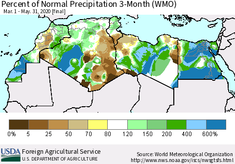 North Africa Percent of Normal Precipitation 3-Month (WMO) Thematic Map For 3/1/2020 - 5/31/2020