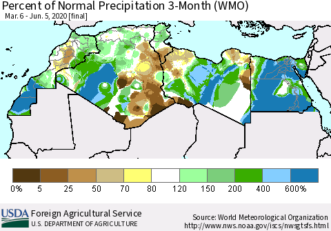 North Africa Percent of Normal Precipitation 3-Month (WMO) Thematic Map For 3/6/2020 - 6/5/2020