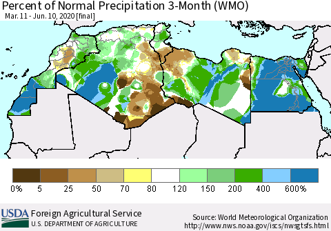 North Africa Percent of Normal Precipitation 3-Month (WMO) Thematic Map For 3/11/2020 - 6/10/2020