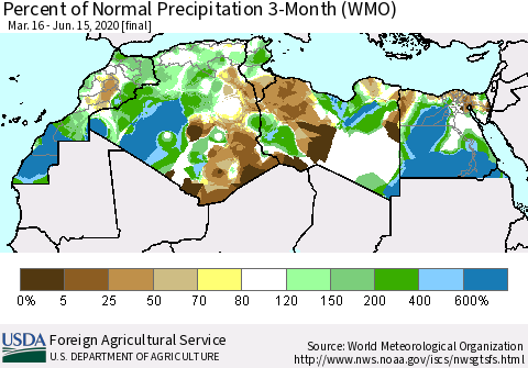 North Africa Percent of Normal Precipitation 3-Month (WMO) Thematic Map For 3/16/2020 - 6/15/2020