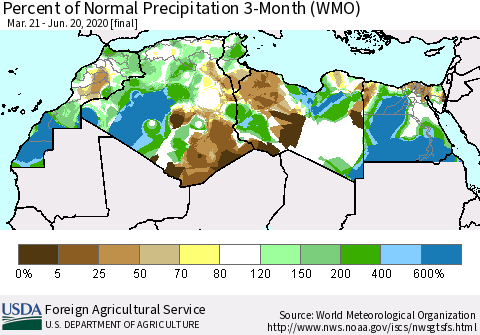 North Africa Percent of Normal Precipitation 3-Month (WMO) Thematic Map For 3/21/2020 - 6/20/2020