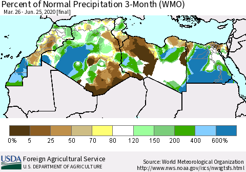 North Africa Percent of Normal Precipitation 3-Month (WMO) Thematic Map For 3/26/2020 - 6/25/2020