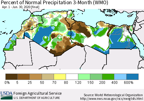 North Africa Percent of Normal Precipitation 3-Month (WMO) Thematic Map For 4/1/2020 - 6/30/2020