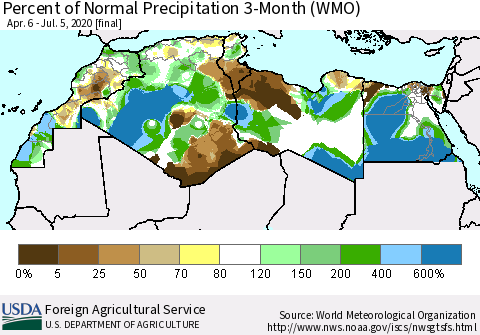 North Africa Percent of Normal Precipitation 3-Month (WMO) Thematic Map For 4/6/2020 - 7/5/2020