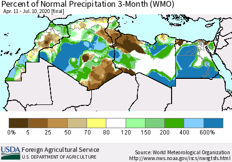 North Africa Percent of Normal Precipitation 3-Month (WMO) Thematic Map For 4/11/2020 - 7/10/2020