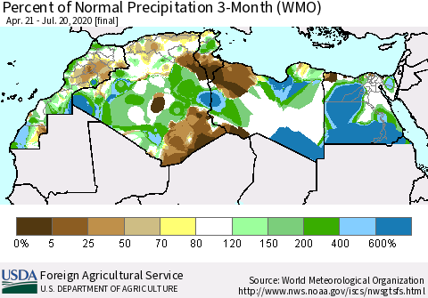 North Africa Percent of Normal Precipitation 3-Month (WMO) Thematic Map For 4/21/2020 - 7/20/2020