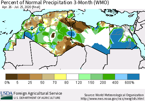 North Africa Percent of Normal Precipitation 3-Month (WMO) Thematic Map For 4/26/2020 - 7/25/2020