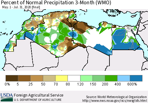 North Africa Percent of Normal Precipitation 3-Month (WMO) Thematic Map For 5/1/2020 - 7/31/2020