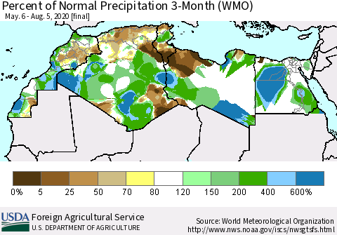North Africa Percent of Normal Precipitation 3-Month (WMO) Thematic Map For 5/6/2020 - 8/5/2020