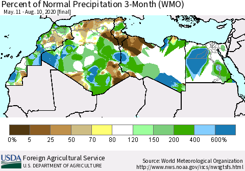 North Africa Percent of Normal Precipitation 3-Month (WMO) Thematic Map For 5/11/2020 - 8/10/2020