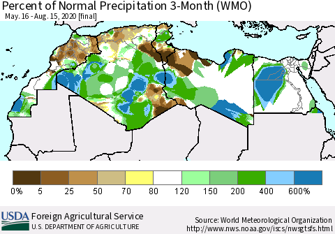North Africa Percent of Normal Precipitation 3-Month (WMO) Thematic Map For 5/16/2020 - 8/15/2020