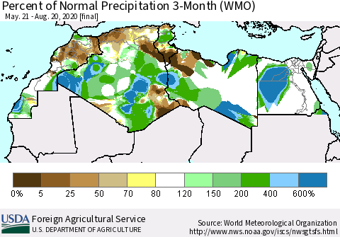 North Africa Percent of Normal Precipitation 3-Month (WMO) Thematic Map For 5/21/2020 - 8/20/2020