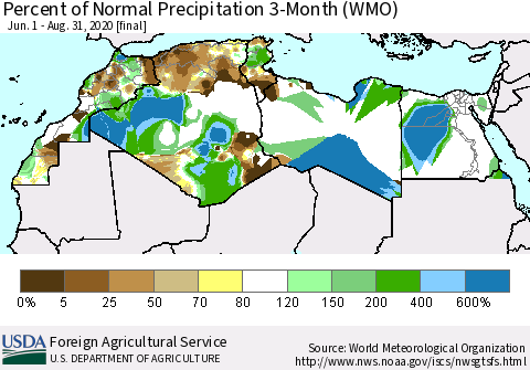 North Africa Percent of Normal Precipitation 3-Month (WMO) Thematic Map For 6/1/2020 - 8/31/2020