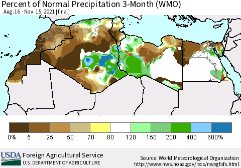 North Africa Percent of Normal Precipitation 3-Month (WMO) Thematic Map For 8/16/2021 - 11/15/2021