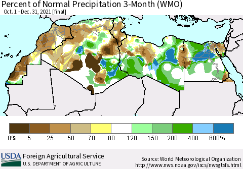 North Africa Percent of Normal Precipitation 3-Month (WMO) Thematic Map For 10/1/2021 - 12/31/2021